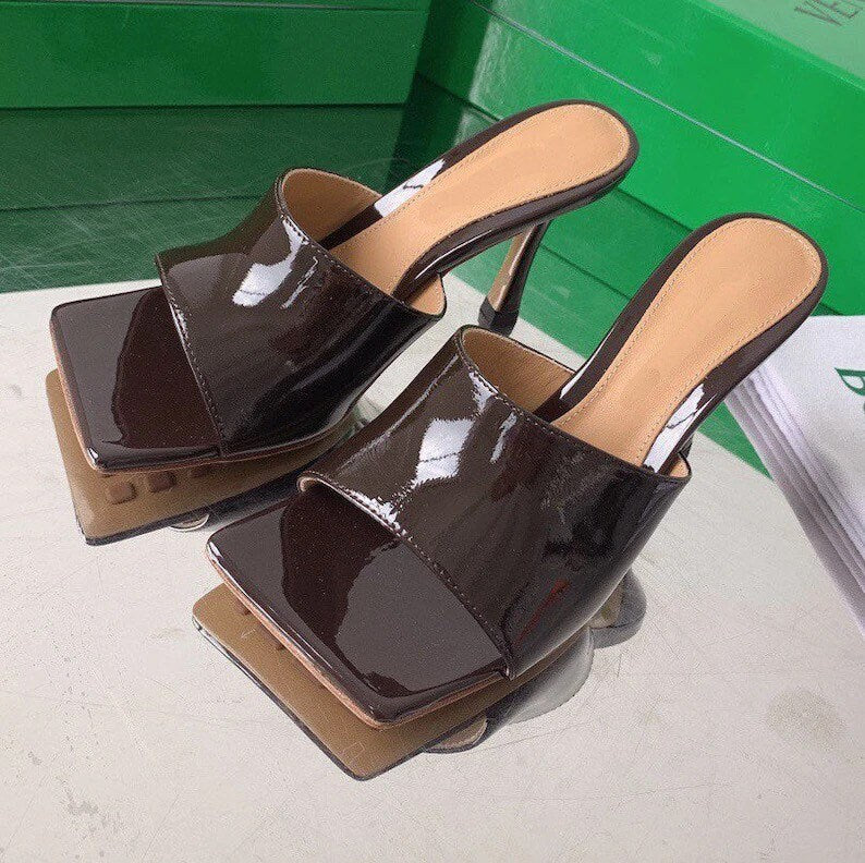 Square Toe High Heel Mule Patented Leather Sandal Shoes Slippers genuine lambskin leather