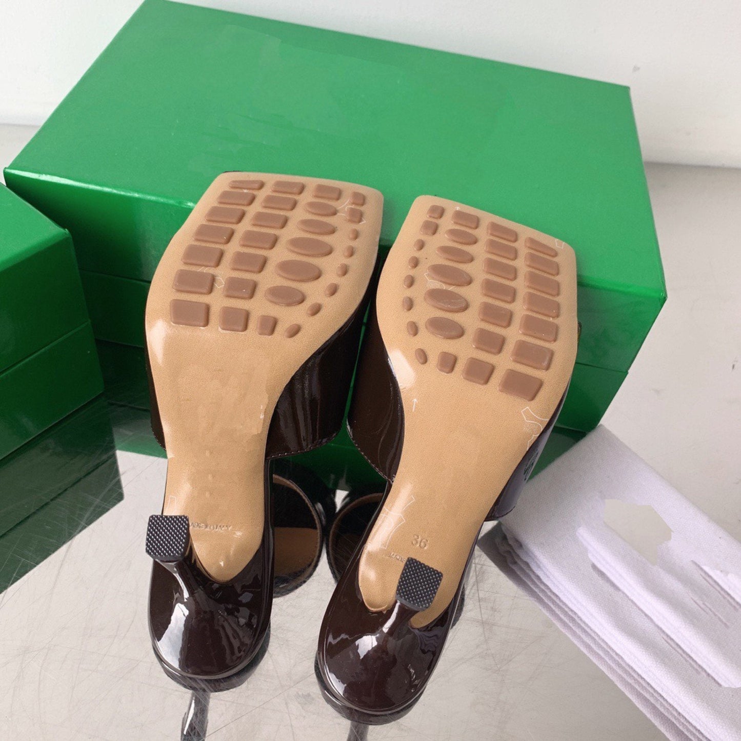 Square Toe High Heel Mule Patented Leather Sandal Shoes Slippers genuine lambskin leather