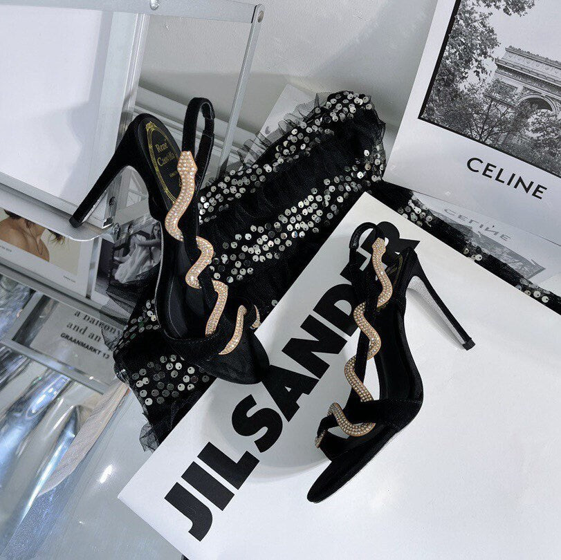 Snake Open Toe Sandals High Heel Sandal Shoes Jewels Wedding Shoes Dress Sandal With Snake Margot Black