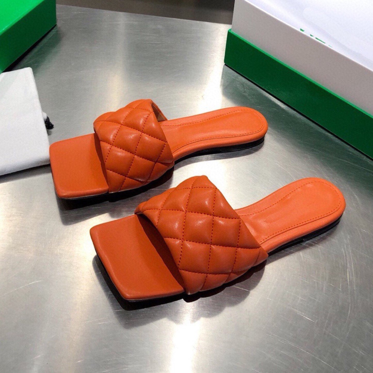 Genuine leather quilted sandal slide flat shoes