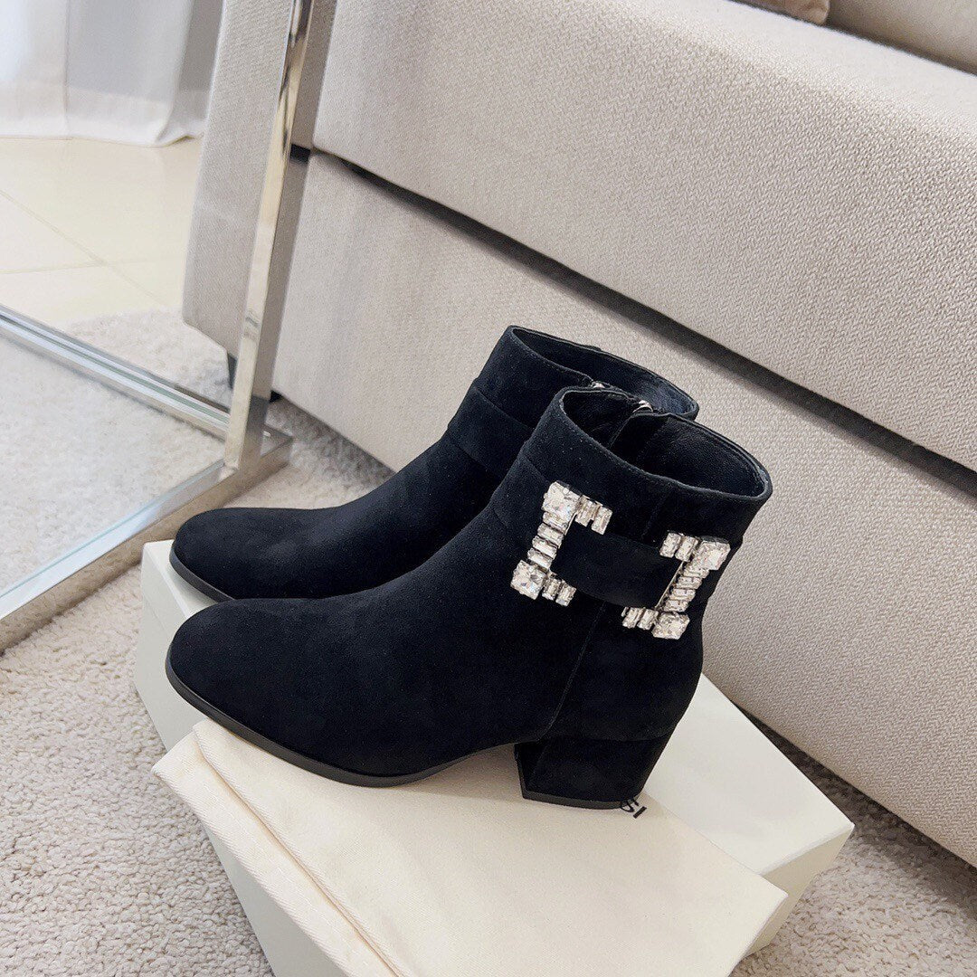 Crystal Buckle round toe boots suede boots