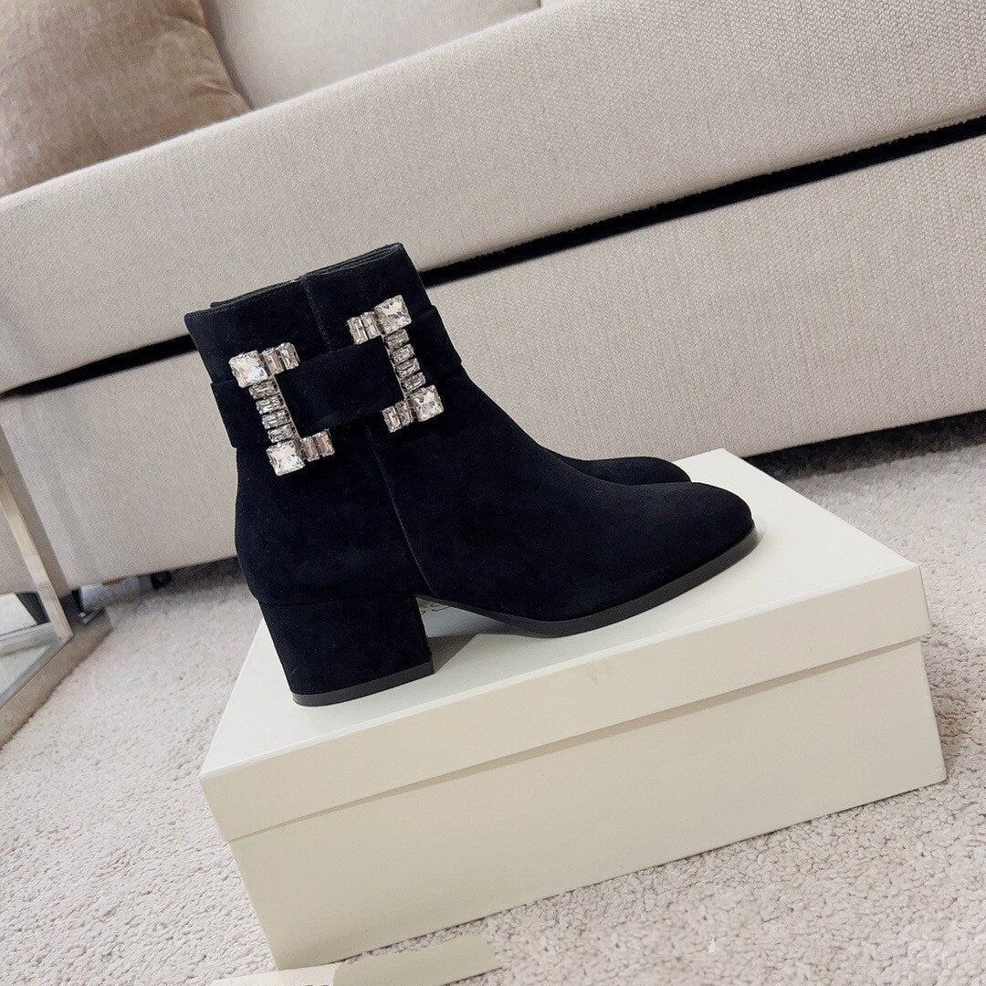 Crystal Buckle round toe boots suede boots