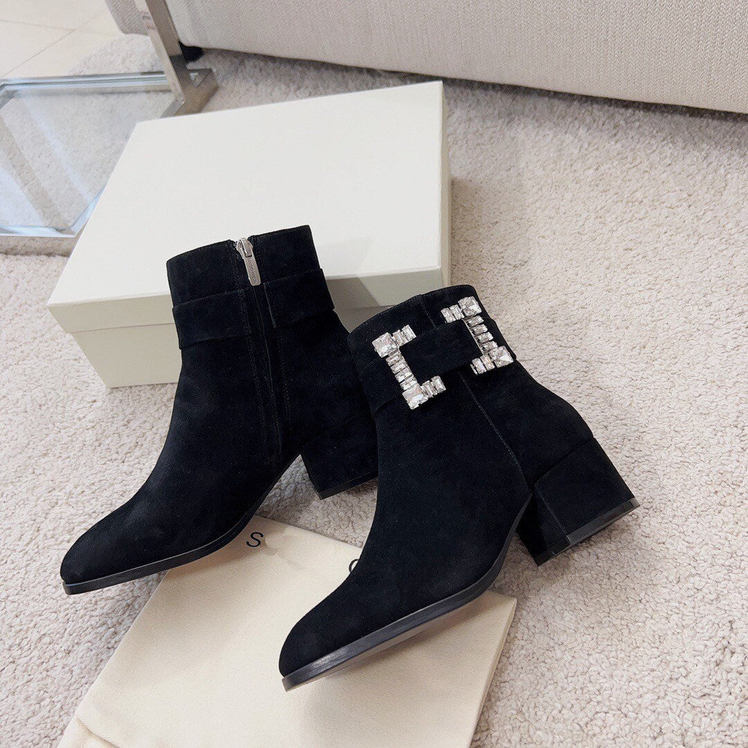 Crystal Buckle round toe boots suede boots