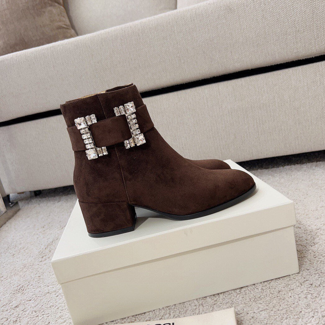 Crystal Buckle round toe boots women’s suede boots