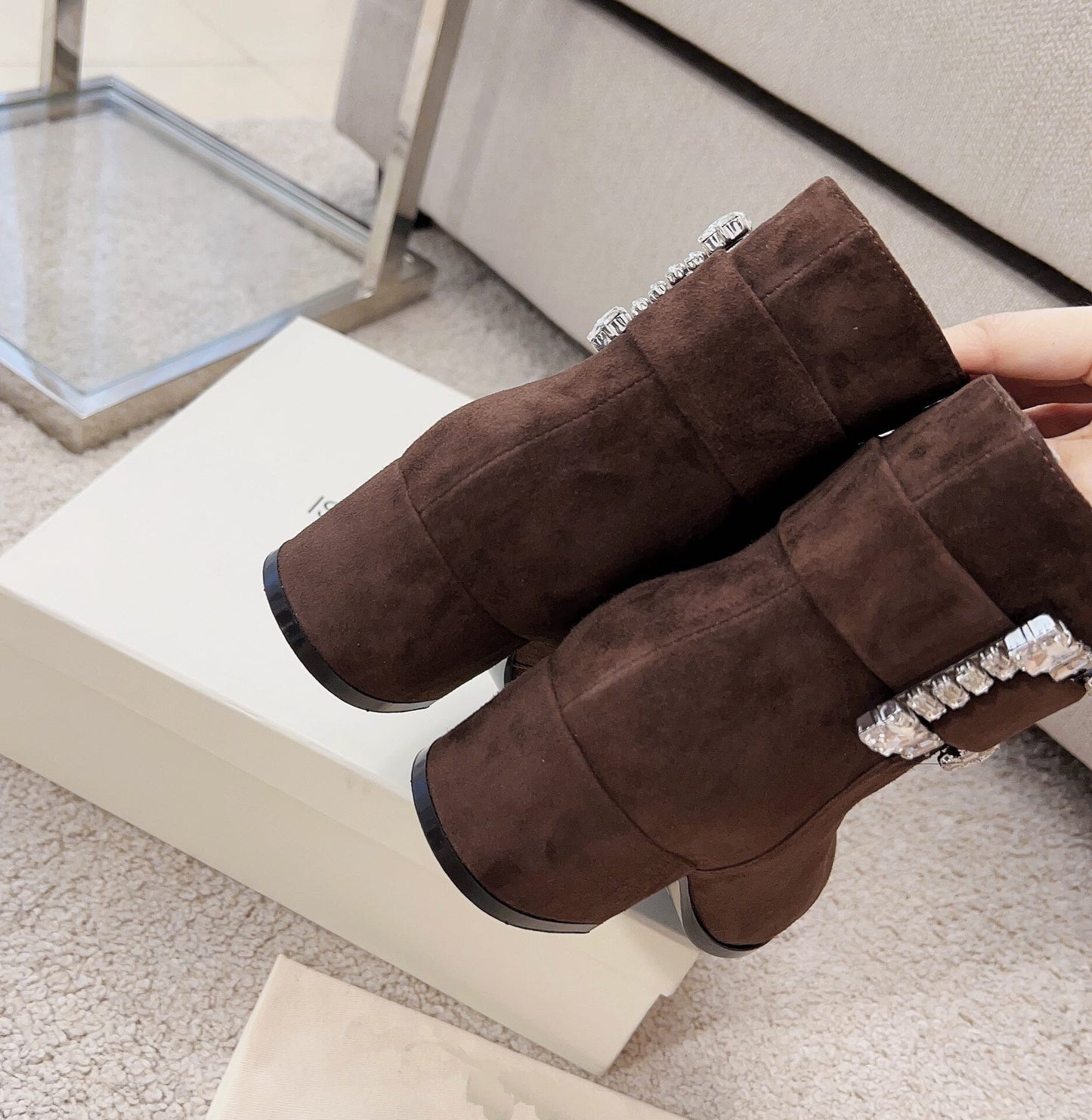 Crystal Buckle round toe boots women’s suede boots