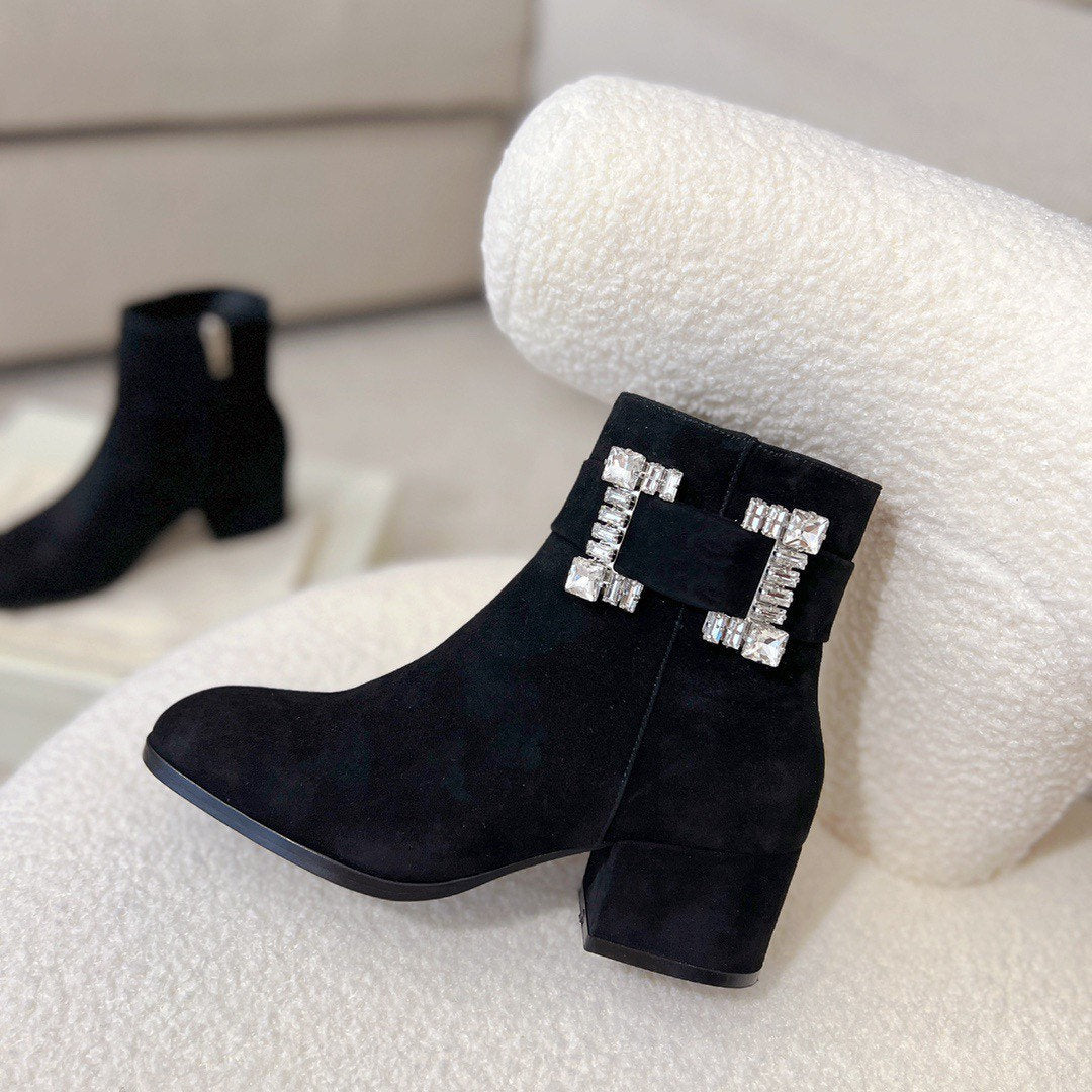 Crystal Buckle round toe boots suede boots
