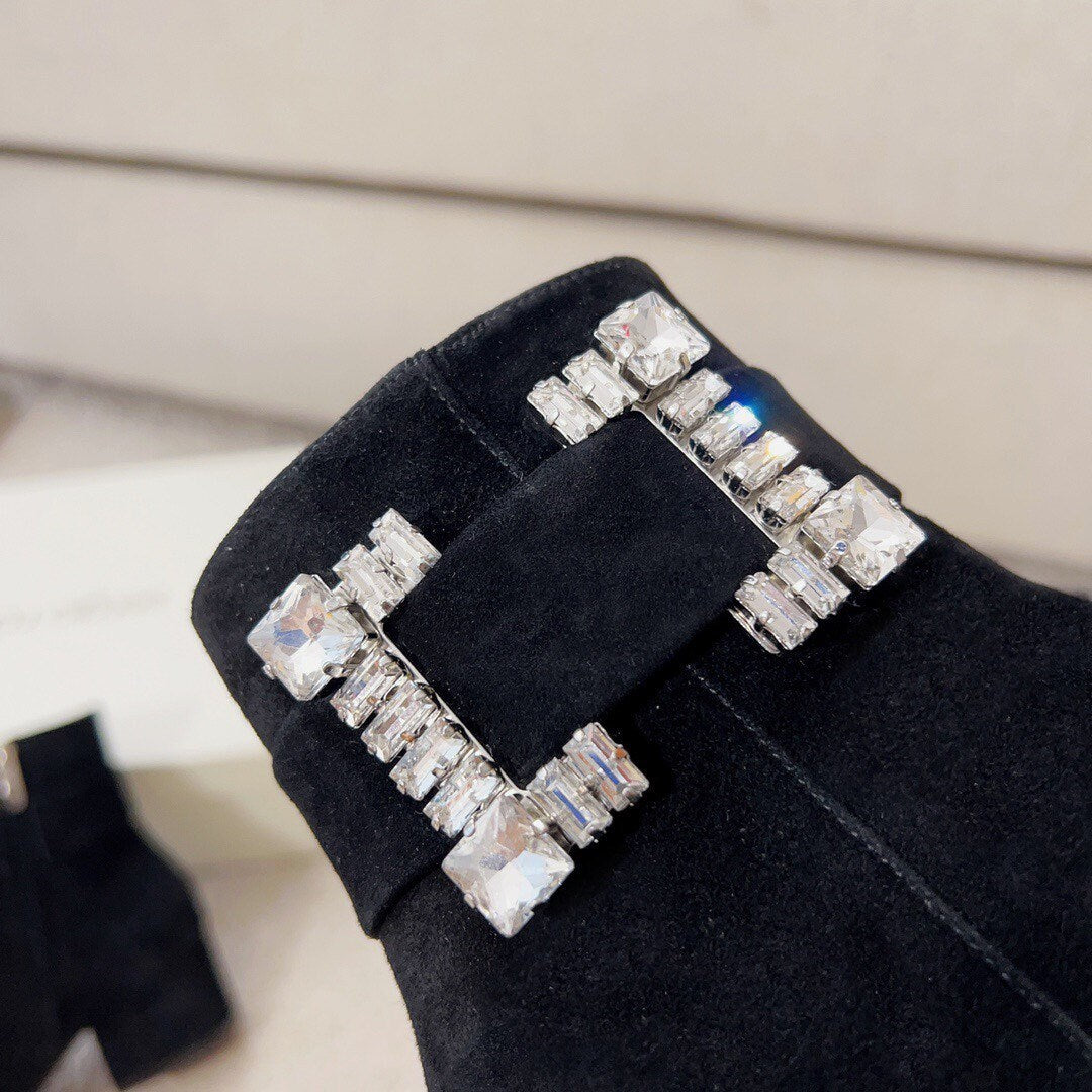 Crystal Buckle round toe boots suede boots