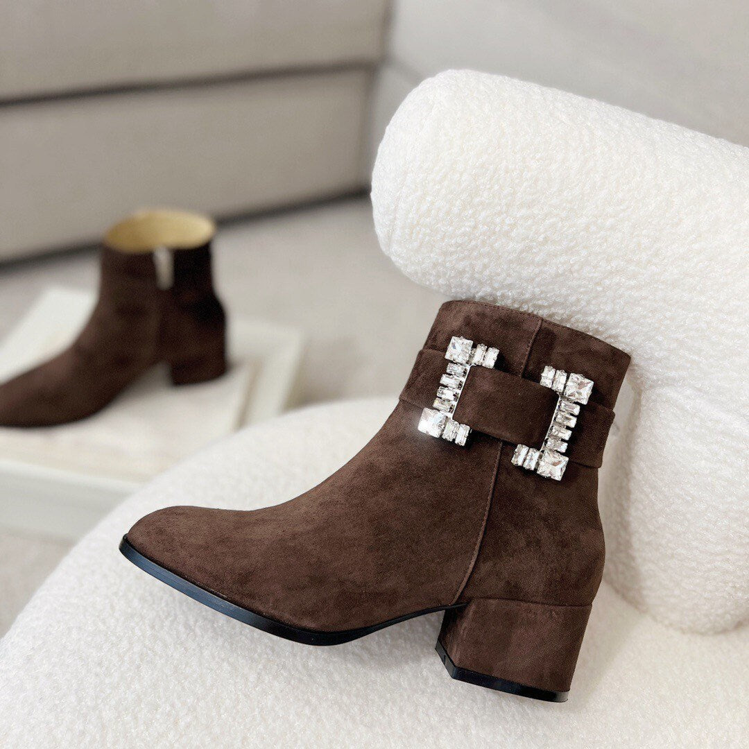 Crystal Buckle round toe boots women’s suede boots