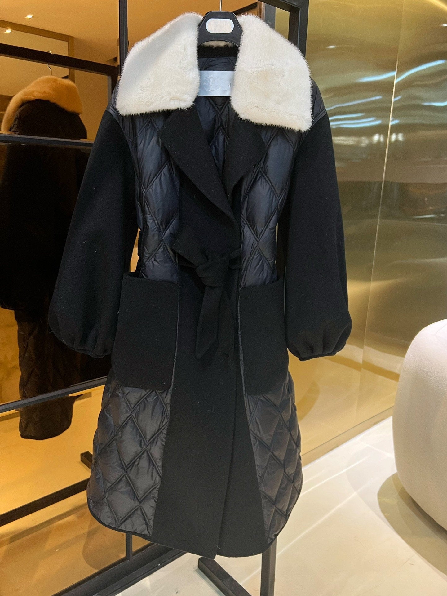 Wool mink suit collar down jacket Long coat Black