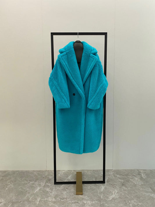 Wool Shearling Teddy Long Coat Loose fit oversized coat Turquoise