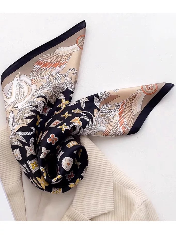 Pure-silk crêpe-de-Chine scarf 100 % mulberry silk 70cm Square Monogram-Style Pattern