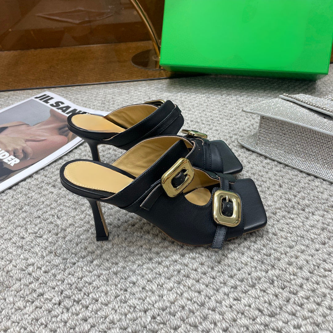 Square Toe High Heel Stretch Buckle Mule Sandal Shoes