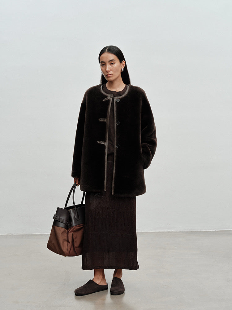 M House Relaxed Merino Shearling Mid-long Coat with Round Neck Dark Coffee