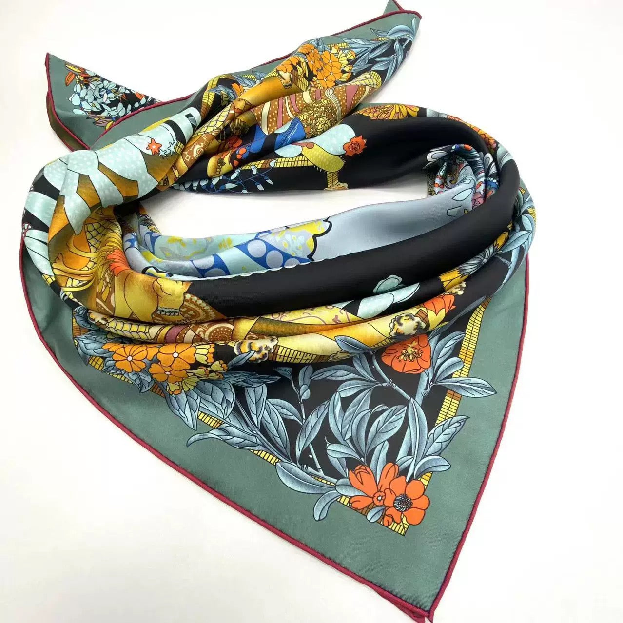 Double-Sided Two-Tone Twill Silk Scarf 16 Momme 100% Mulberry Silk, 110cm Large Square Wrap Shawl