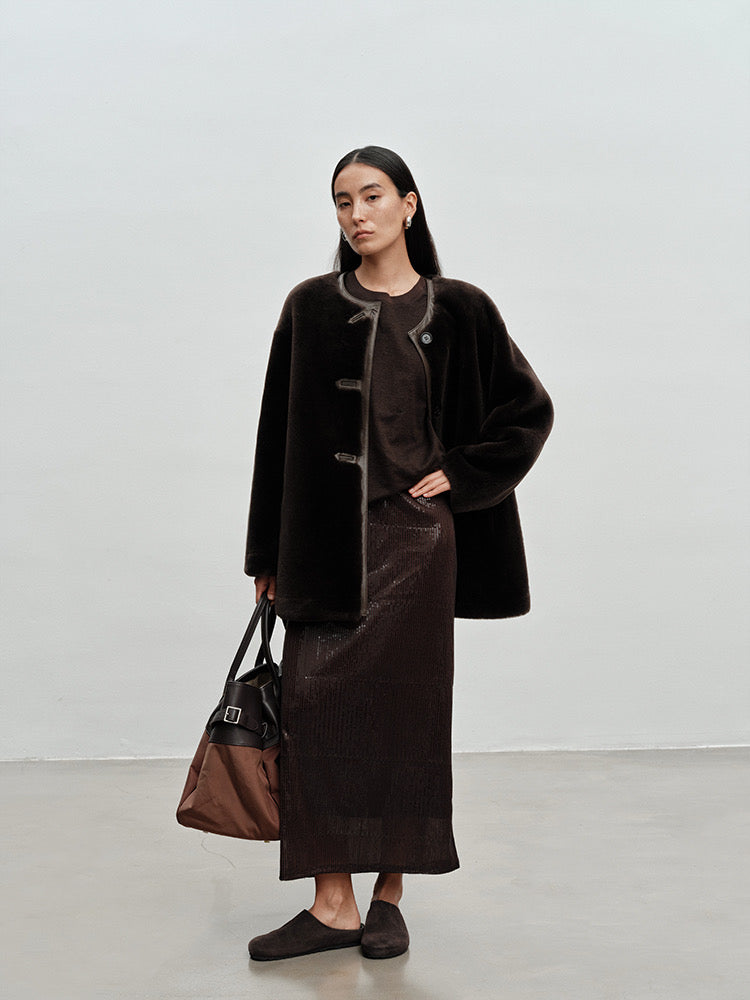 M House Relaxed Merino Shearling Mid-long Coat with Round Neck Dark Coffee