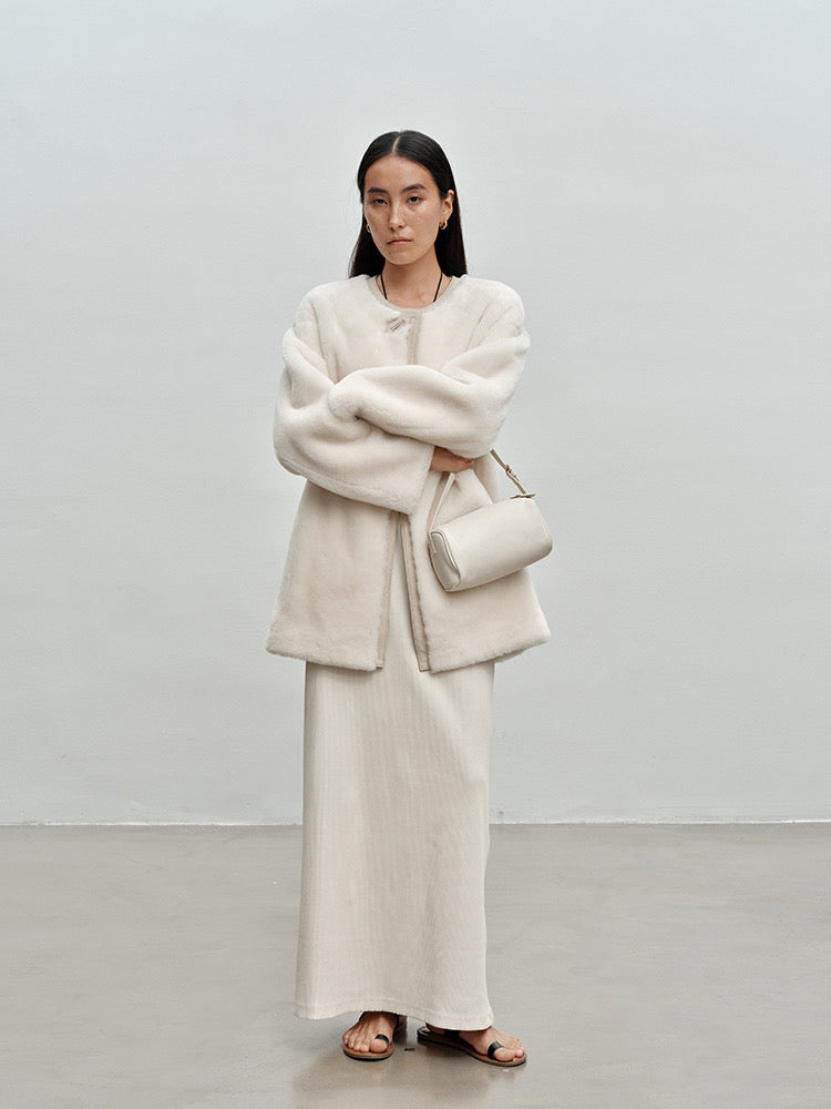 M House Relaxed Merino Shearling Mid-long Coat with Round Neck Ivory