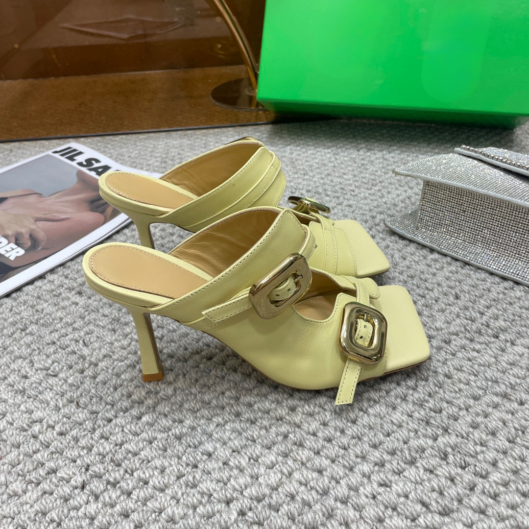 Square Toe High Heel Stretch Buckle Mule Sandal Shoes