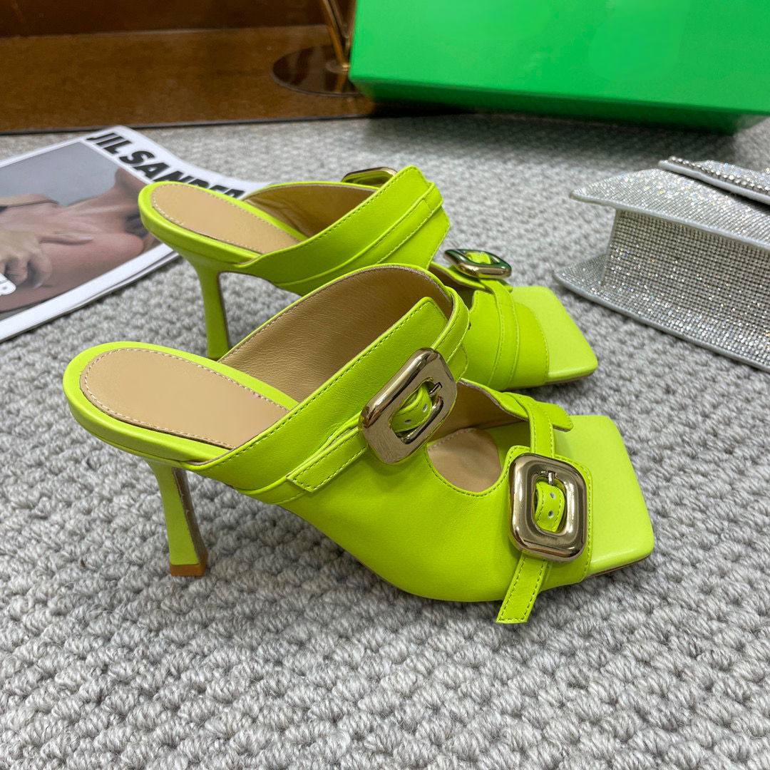 Square Toe High Heel Stretch Buckle Mule Sandal Shoes