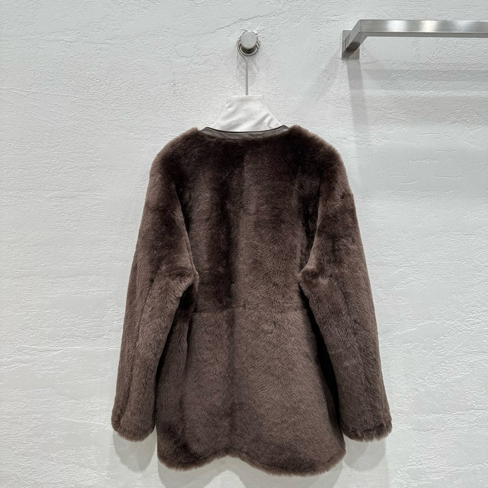 M House Relaxed Merino Shearling Mid-long Coat with Round Neck Dark Coffee