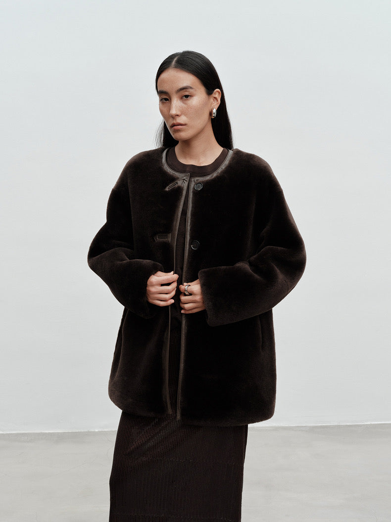 M House Relaxed Merino Shearling Mid-long Coat with Round Neck Dark Coffee