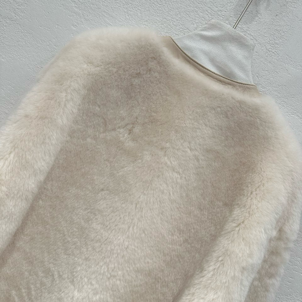 M House Relaxed Merino Shearling Mid-long Coat with Round Neck Ivory