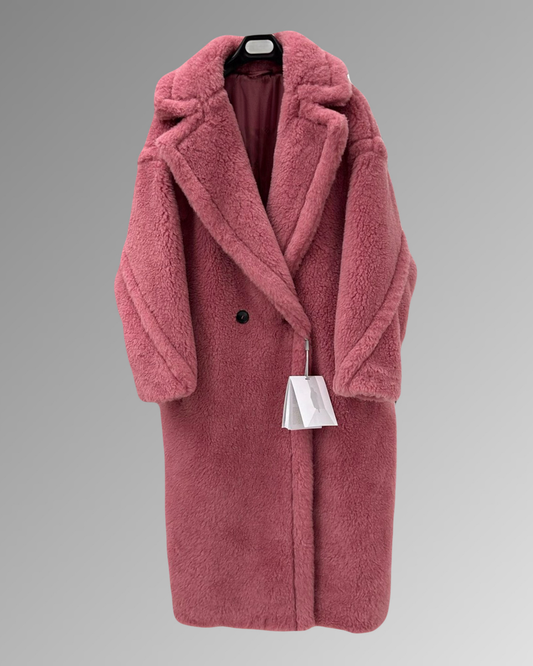 Wool Shearling Teddy Long Coat Loose fit oversized coat Dirty Pink