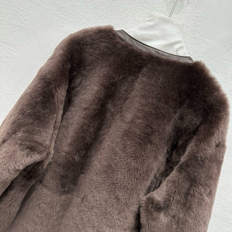 M House Relaxed Merino Shearling Mid-long Coat with Round Neck Dark Coffee