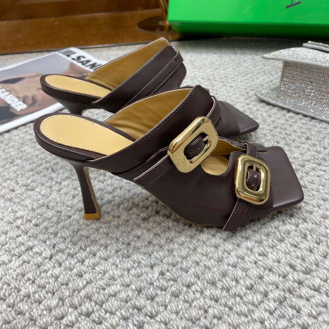 Square Toe High Heel Stretch Buckle Mule Sandal Shoes