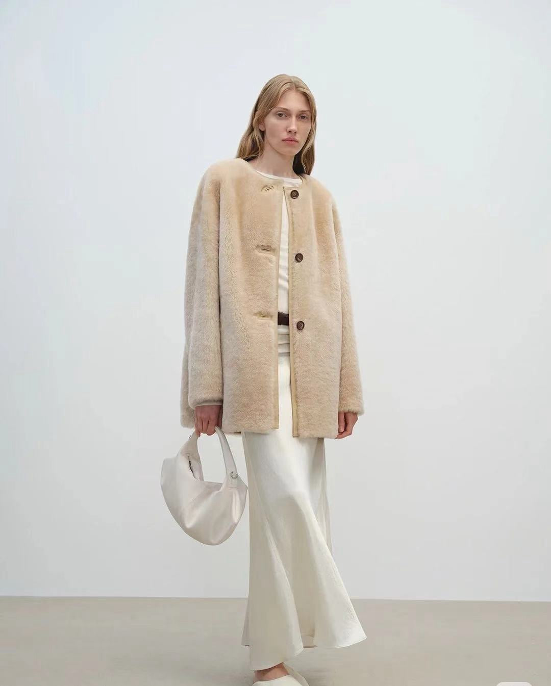 M House Relaxed Merino Shearling Mid-long Coat with Round Neck Champagne