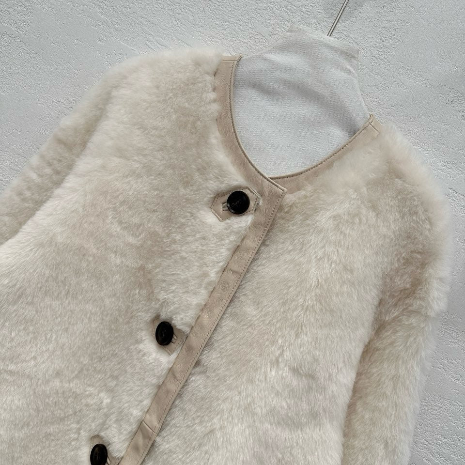 M House Relaxed Merino Shearling Mid-long Coat with Round Neck Ivory