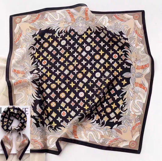 Pure-silk crêpe-de-Chine scarf 100 % mulberry silk 70cm Square Monogram-Style Pattern