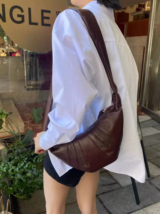 Genuine Full-Grain Sheepskin Croissant Bag Underarm Bag Crescent Shoulder Bag Walnut