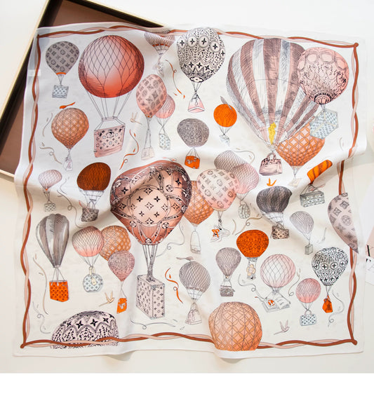Pure-silk crêpe-de-Chine scarf 100 % mulberry silk 70cm Square Hot air balloon Monogram