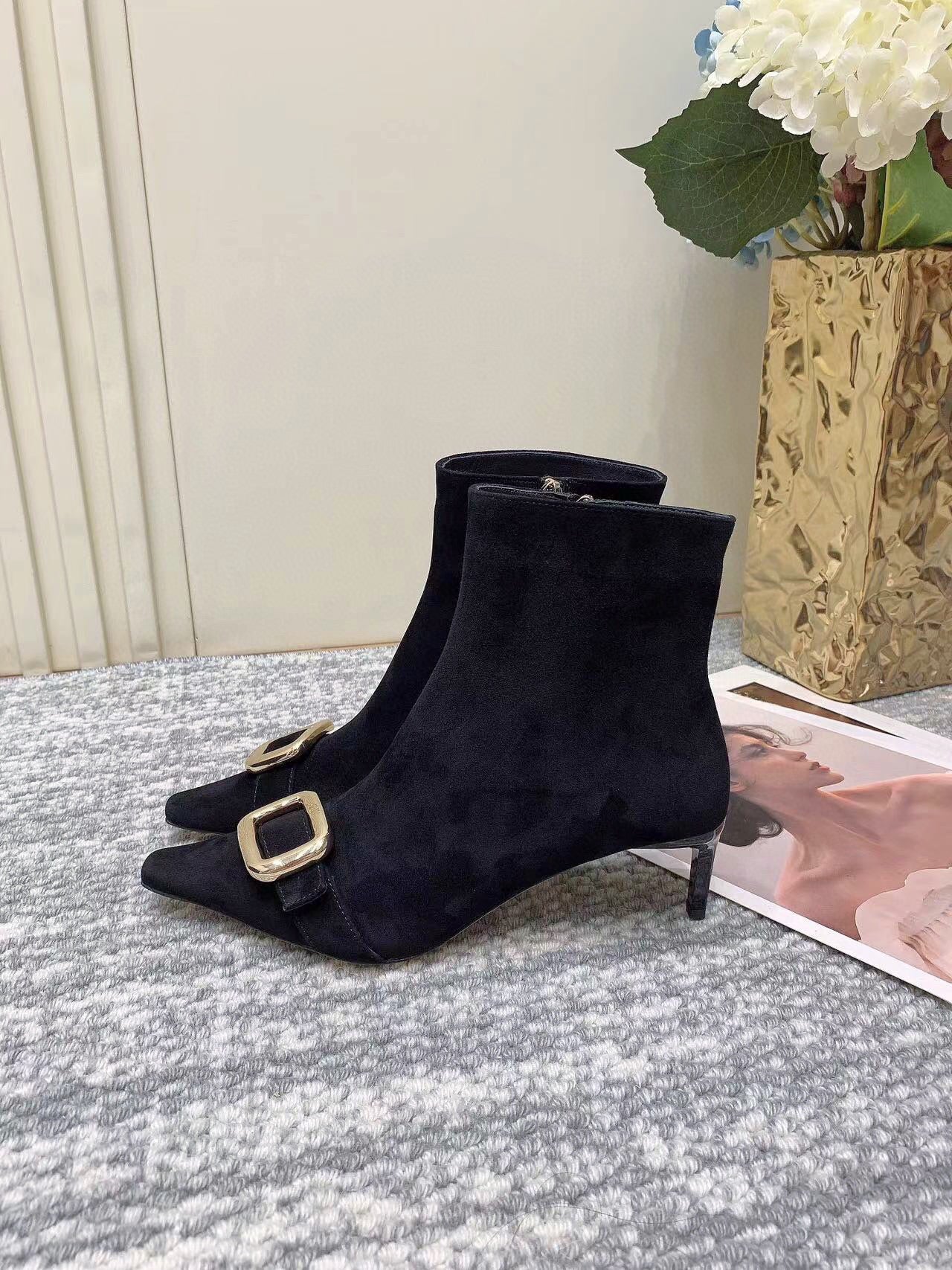 Square Buckle High-Heeled Ankle Boots Suede