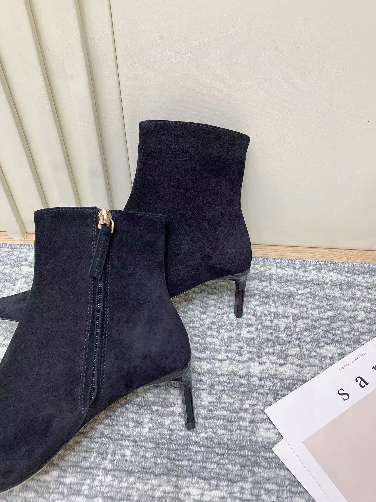 Square Buckle High-Heeled Ankle Boots Suede