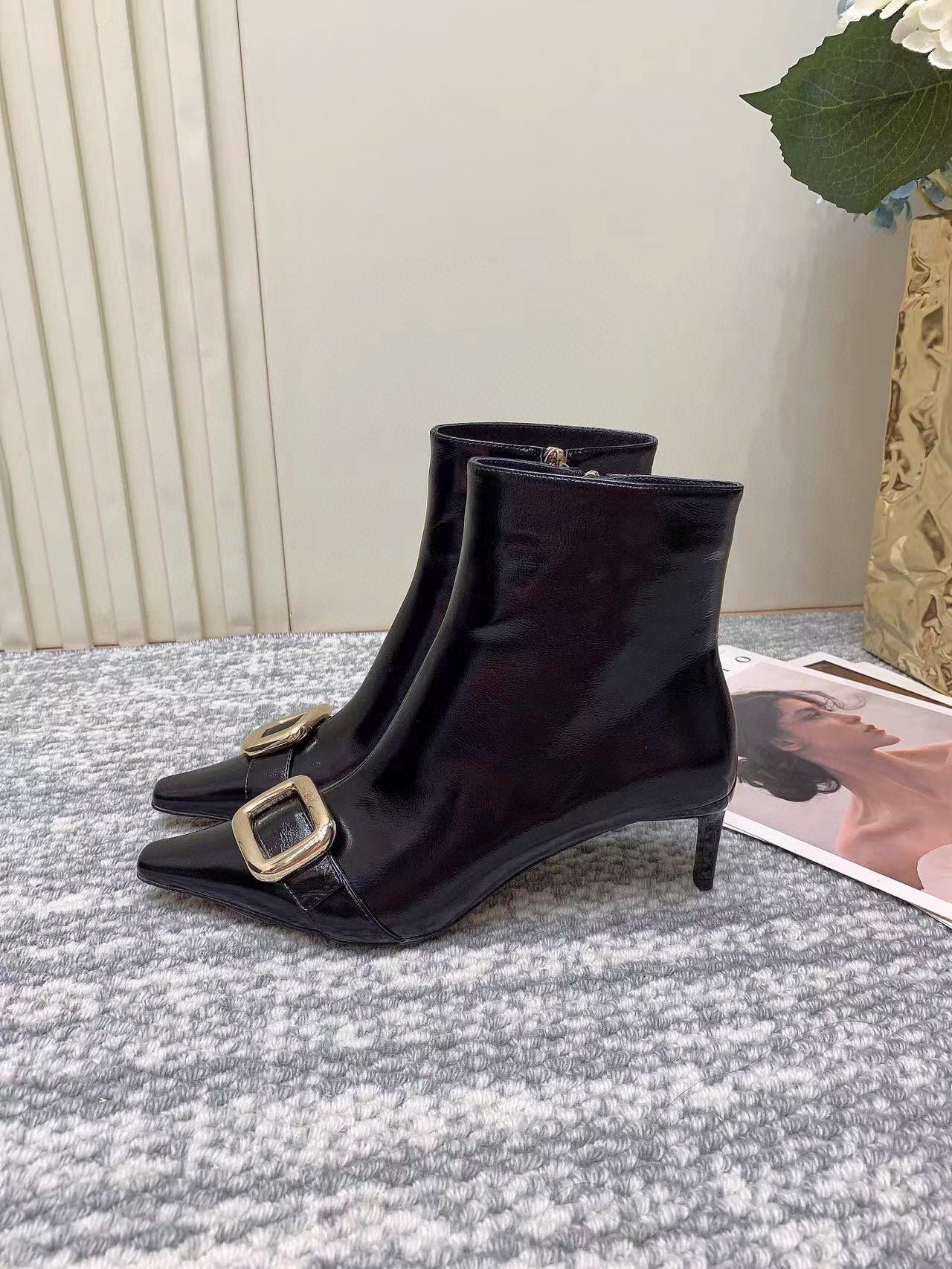 Square Buckle High-Heeled Ankle Boots