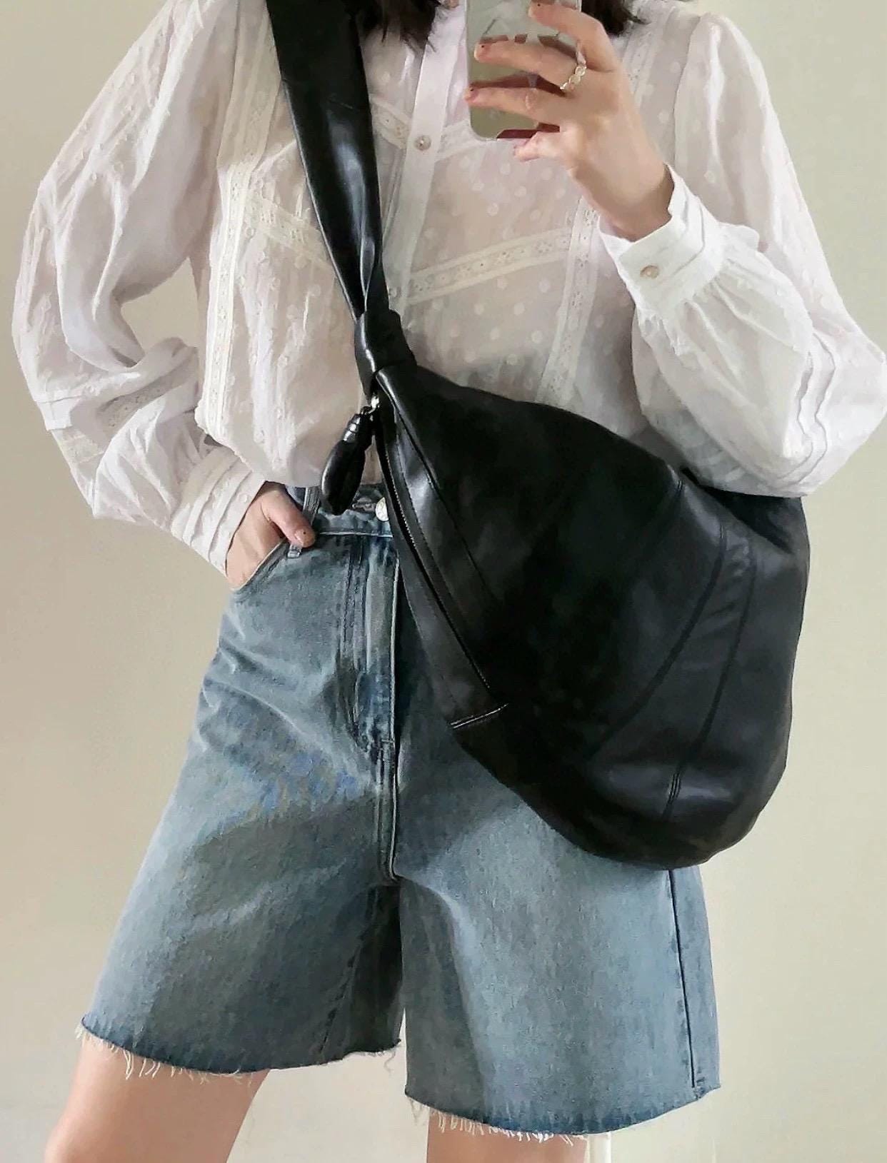 Genuine Full-Grain Sheepskin Croissant Crossbody Bag Handbag Large