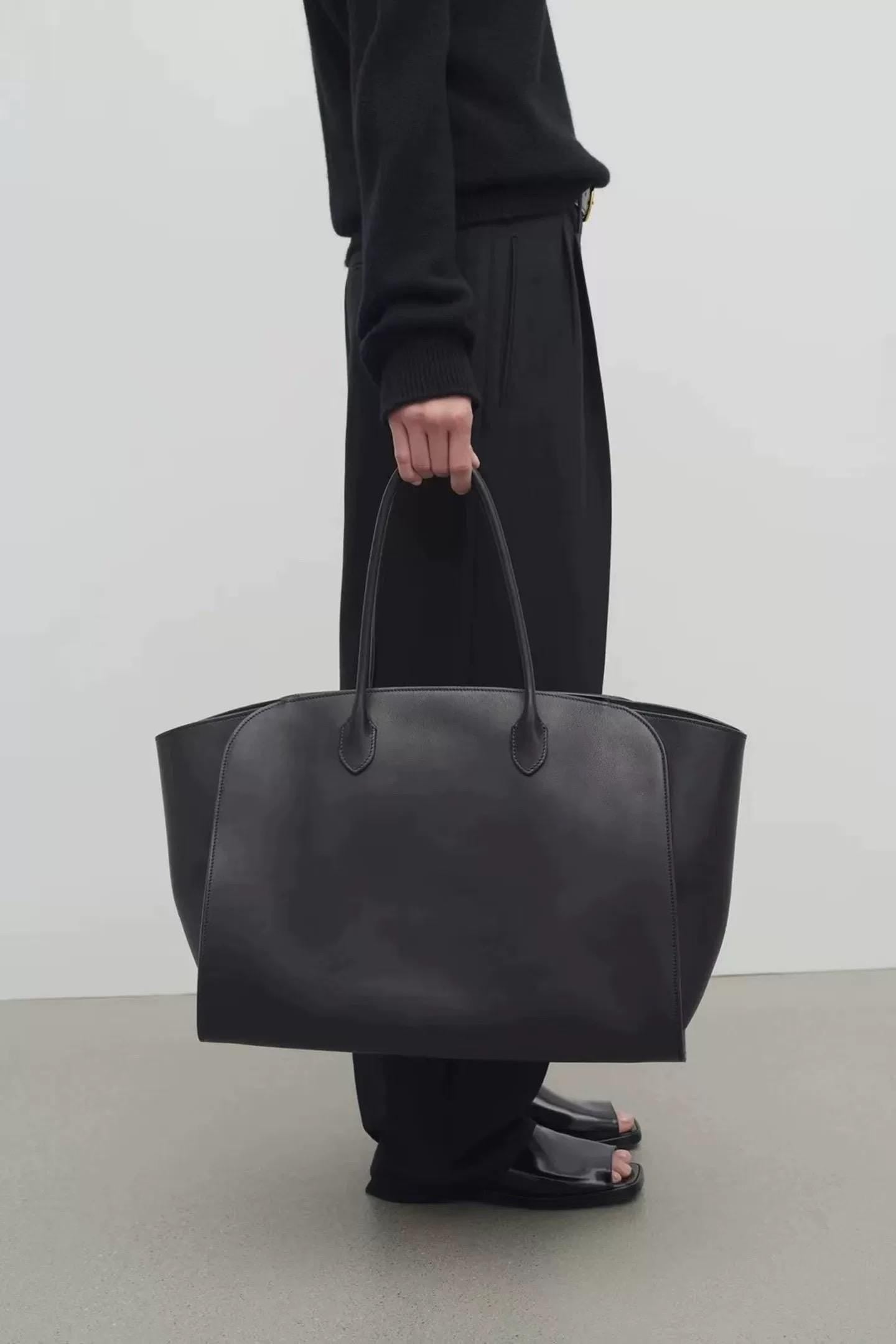 Genuine Leather Tote Bag Marlo 17 – Black Smooth Napa Leather
