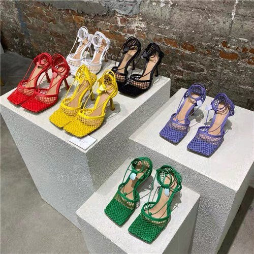 woven intrecciato sandal shoes stretch high heel shoes mesh and nappa sandals with an elongated squared toe