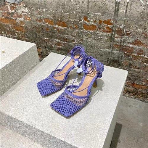 woven intrecciato sandal shoes stretch high heel shoes mesh and nappa sandals with an elongated squared toe