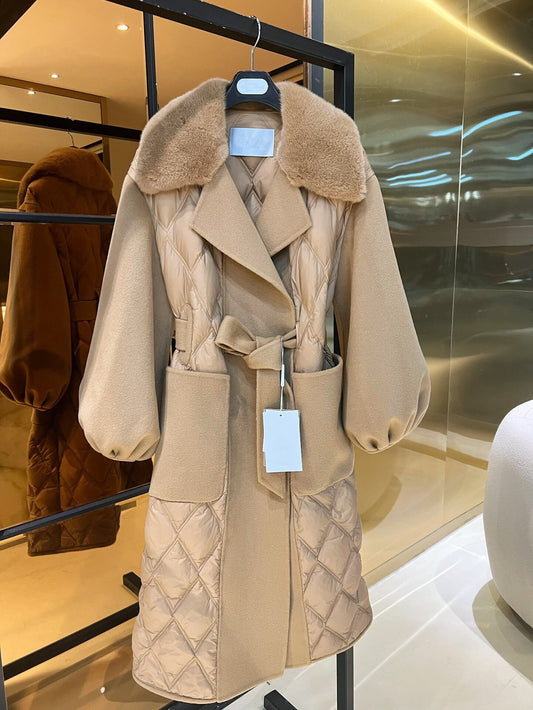 Wool mink suit collar down jacket Long coat Beige