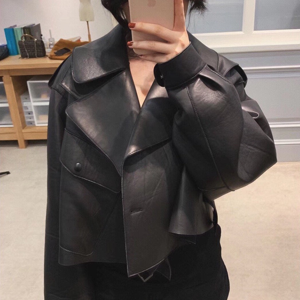 Lamb Leather Leather Trench Coat Short Crop Coat