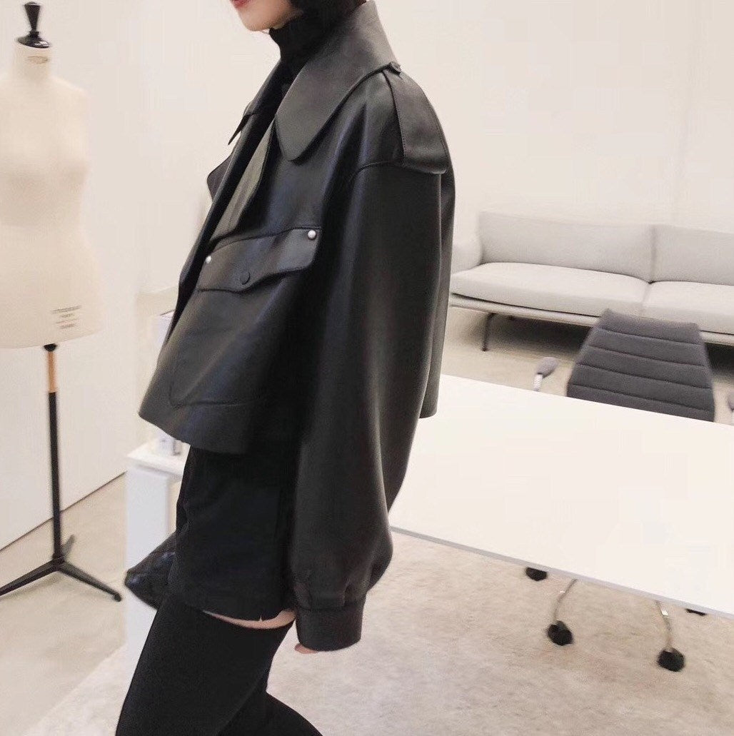 Lamb Leather Leather Trench Coat Short Crop Coat