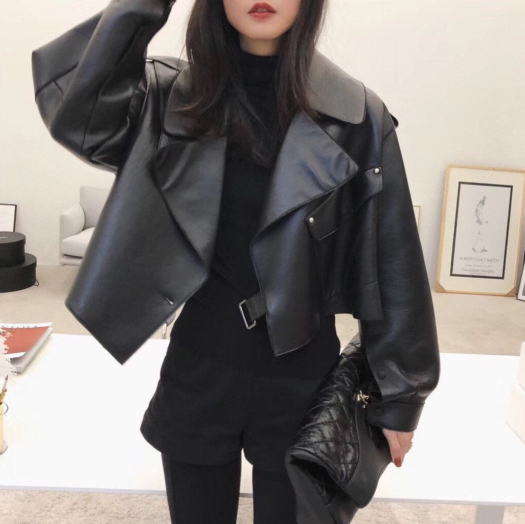 Lamb Leather Leather Trench Coat Short Crop Coat