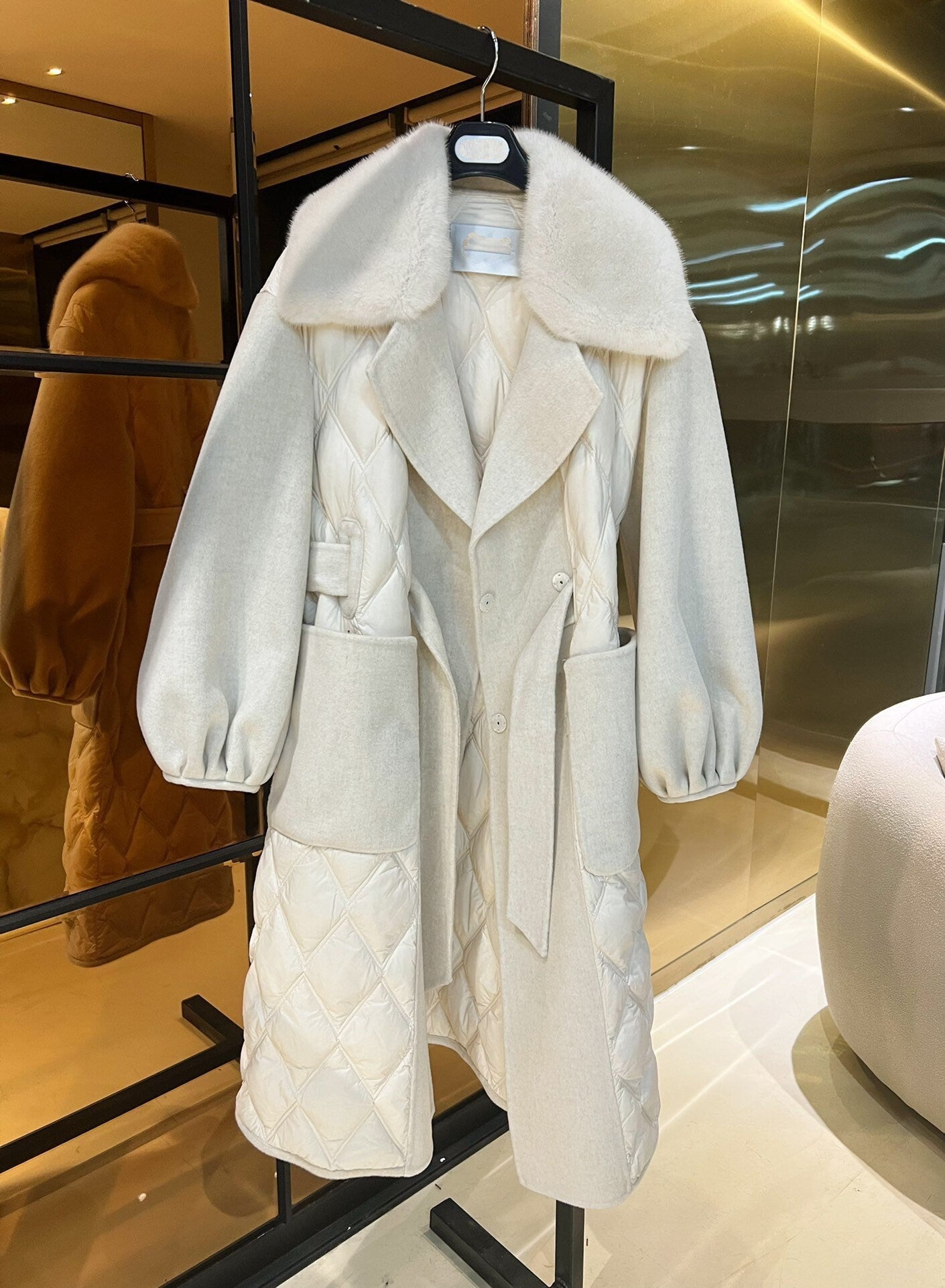 Wool mink suit collar down jacket Long coat White