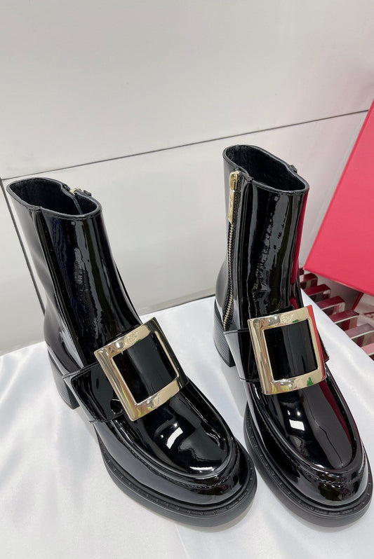 Square Buckle round toe boots women’s boots medium boots genuine leather boots patent leather boots