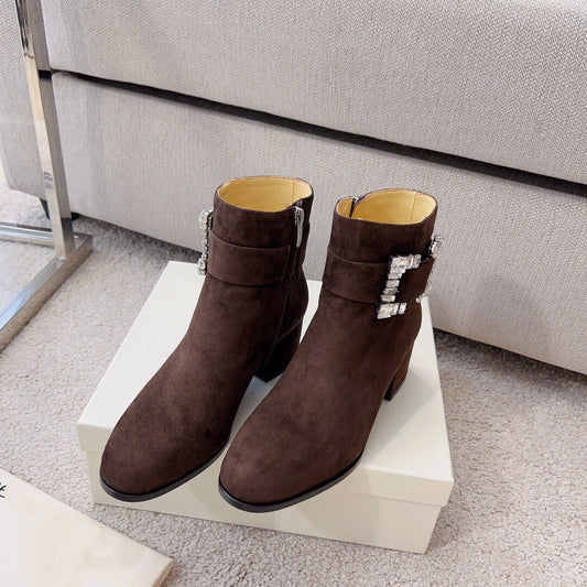 Crystal Buckle round toe boots women’s suede boots