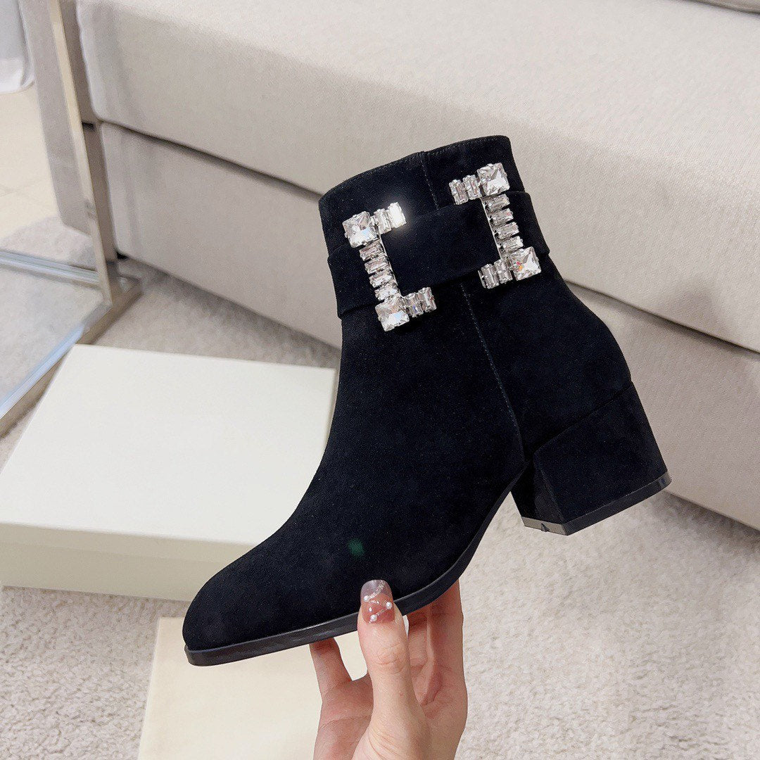 Crystal Buckle round toe boots suede boots