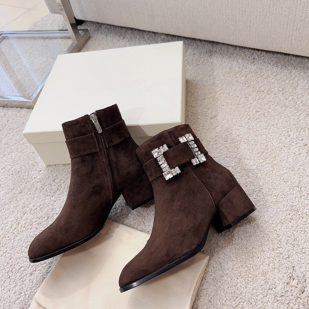 Crystal Buckle round toe boots women’s suede boots