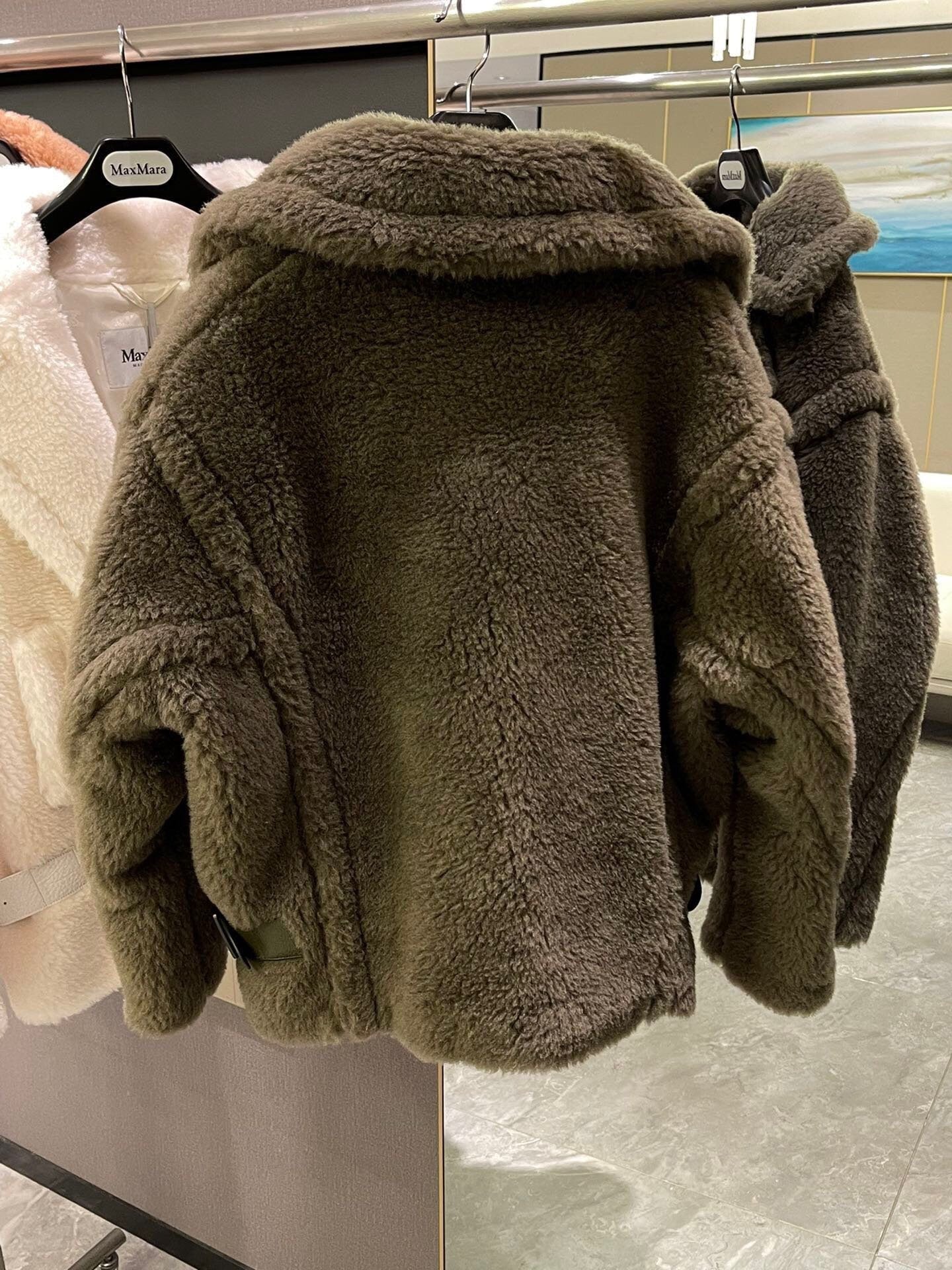 Wool Shearling Bomber Jacket Tactile Teddy Coat Icon Coat Army Green